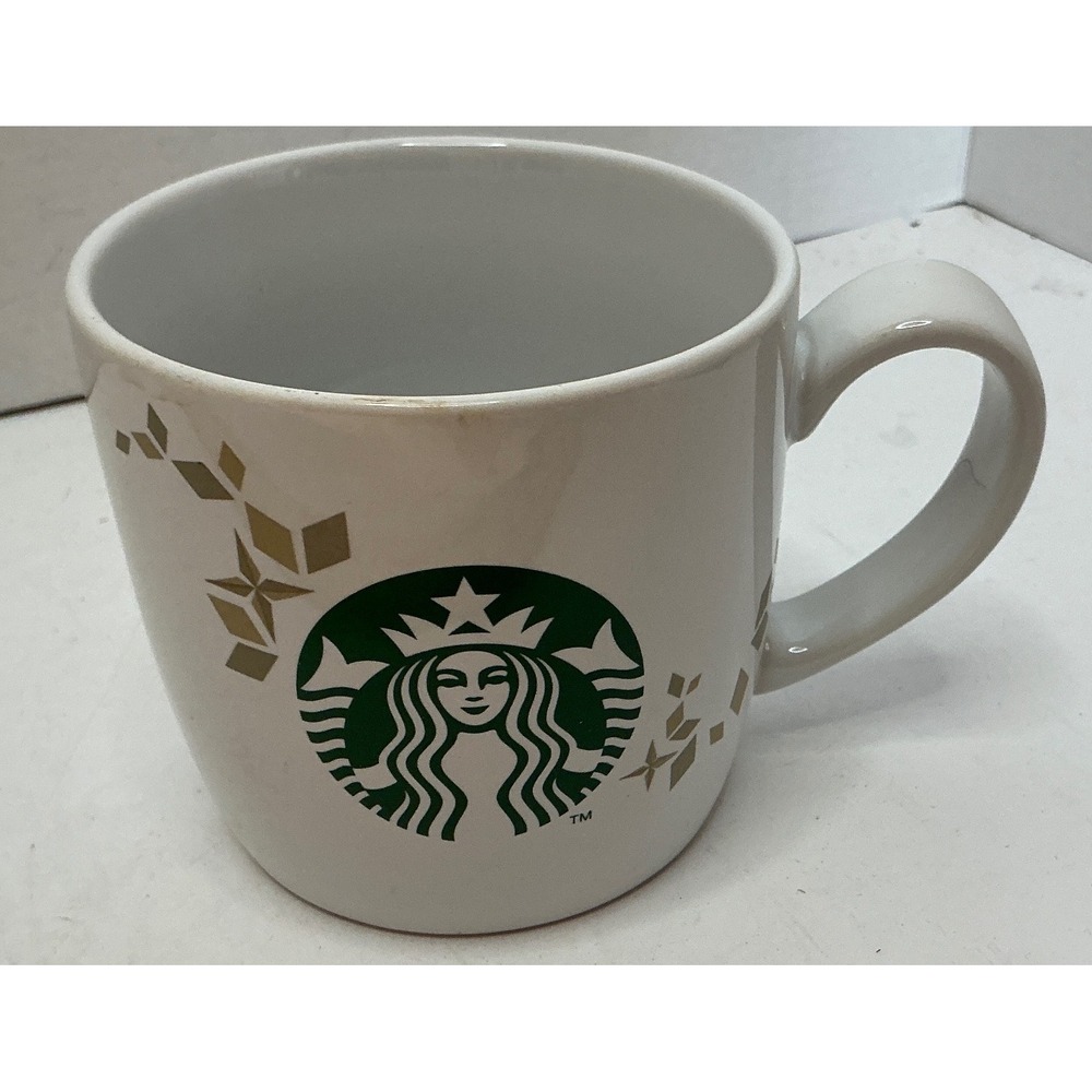 Starbucks 2013 Holiday Collection Mug Gold Stars Siren Logo 14oz White Ceramic